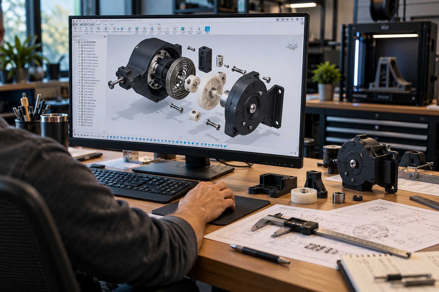 Illustrative engineering workstation with mechanical CAD assembly on screen