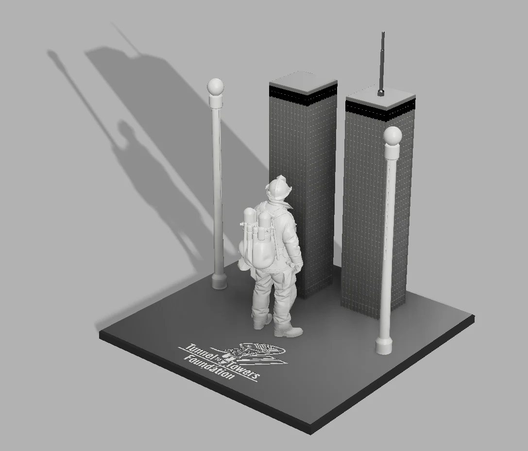 CAD rendering of the World Trade Center commemorative model with firefighter and flagpoles